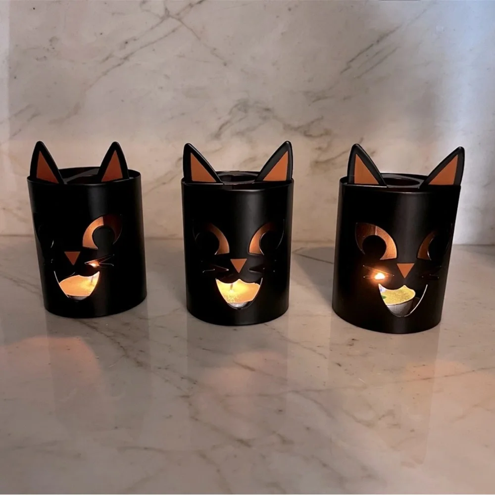 Black Cat Metal Teal Light Candle Holders Set of 3 Halloween Luminaries Decor